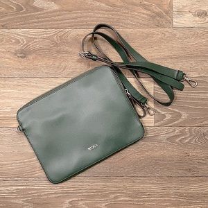 TUMI slim zip green leather crossbody for iPad